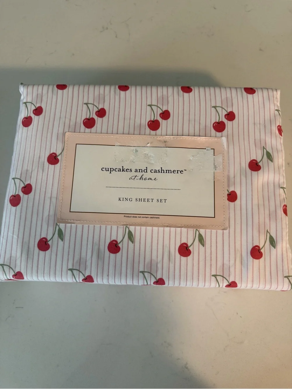 Cupcakes and Cashmere King Sheet Set Cherry Print Microfiber Pink White NWT